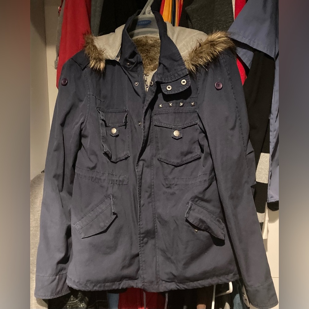Blue jacket with removable fur liner and hood
